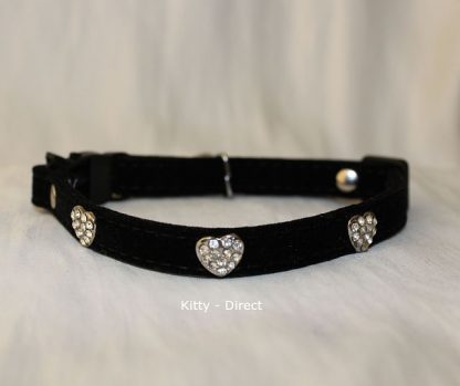 Black Velvet diamante heart cat and kitten safety collar