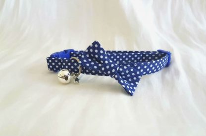 Handmade Blue Polka Dot Cotton Cat Kitten Safety Collar with bow