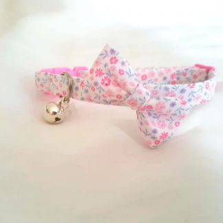 Handmade Cotton Ditsy Flowers Pink Bow cat kitten collar