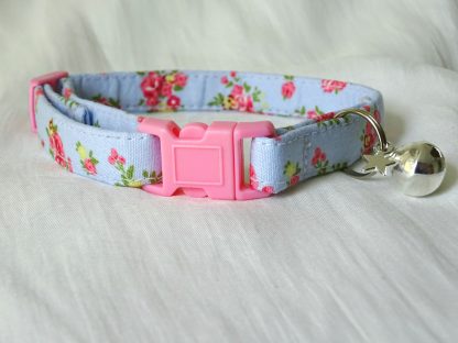 Blue cotton pink yellow flower cat kitten safety collar_3