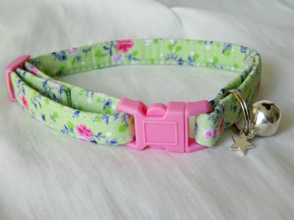 Handmade Green Pink Flowers Cat Kitten Safety Collar_1