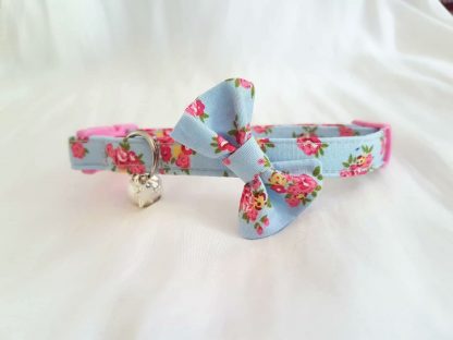 Blue and pink flower cotton bow cat kitten collar